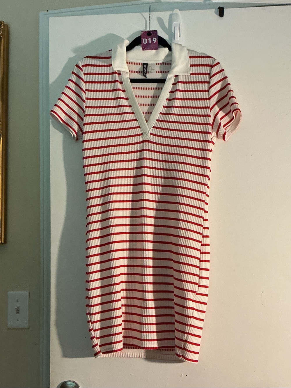 H&M White and Red Striped Knit Polo Mini Dress